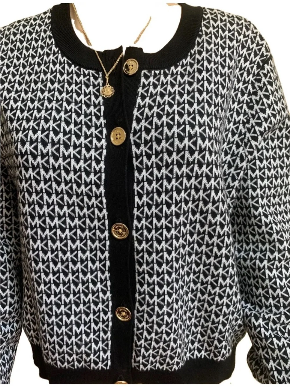 Michael Kors Black Trim & White Monogram Gold Buttons Knit Button-Up Cardigan XL
